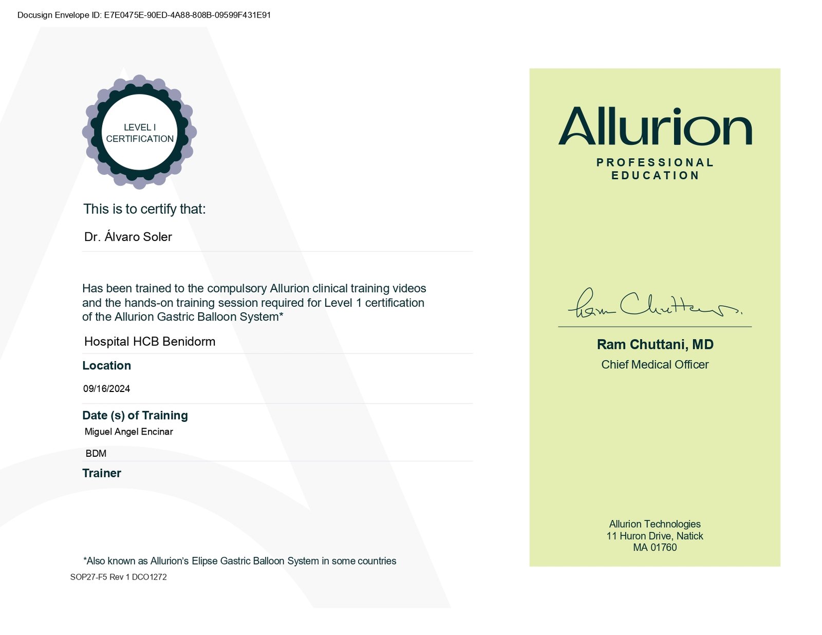 Dr. Álvaro Soler - Certificado Allurion para colocación de Balón Gástrico