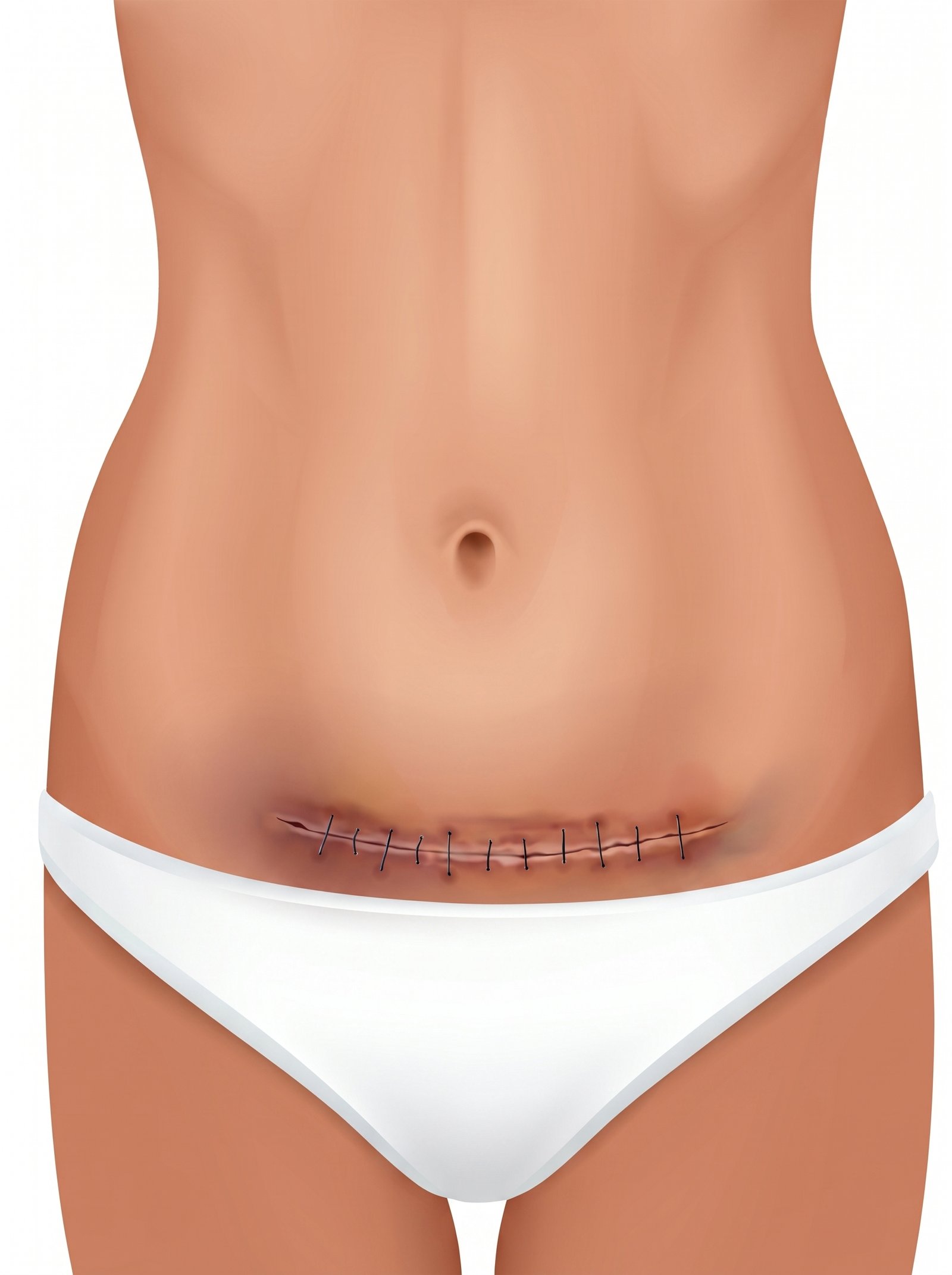 Ilustración de cirugía abierta de hernia inguinal con una sola incisión grande